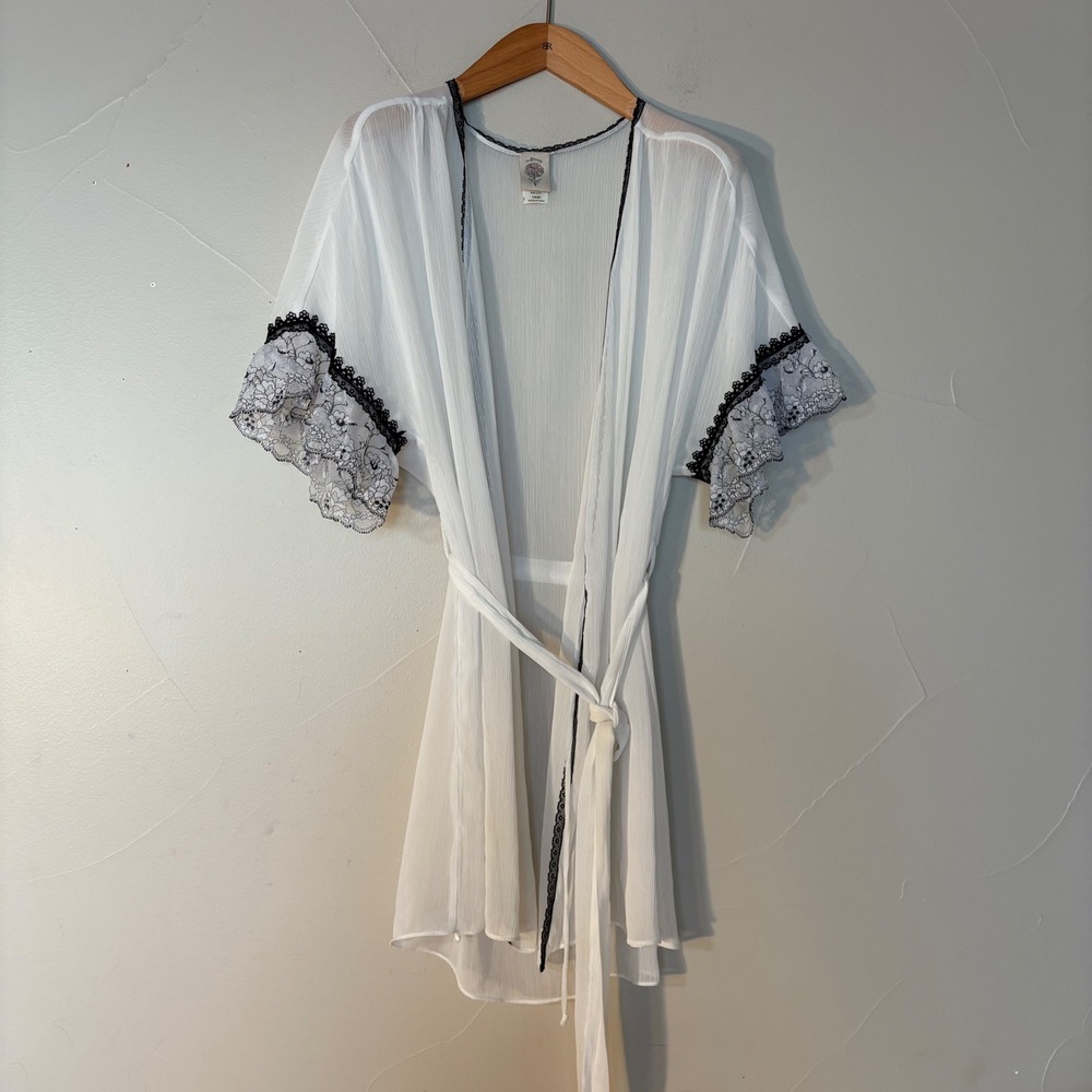 In Bloom White Mesh Sheer Kimono Robe with black lace trim- Large
